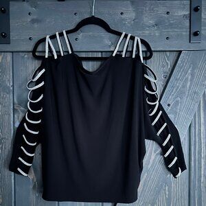 Venus Black Long Sleeve Top with Rhinestone Embellished Sleeves